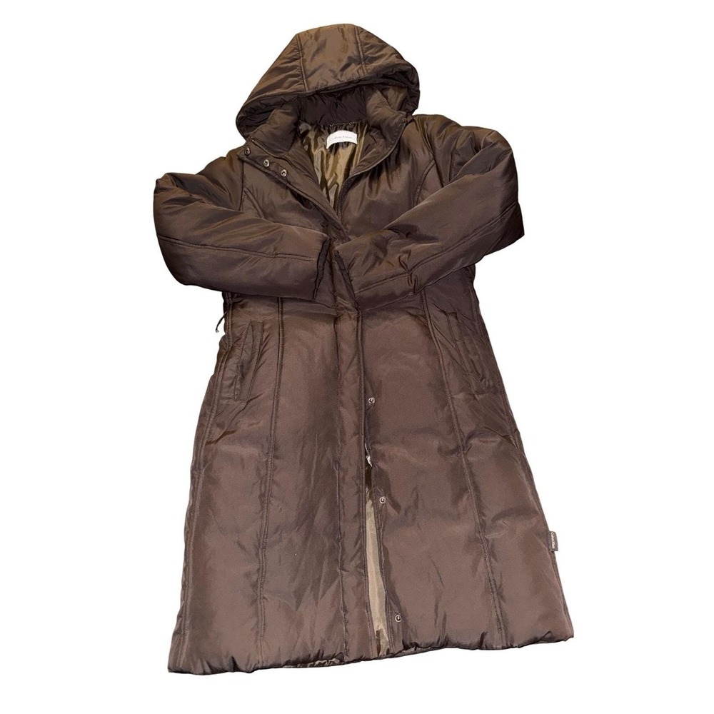 Calvin Klein Brown duck Down Coat  Small Long Puffer Jacket‎ with Hood MSRP $185